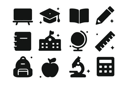 Classroom Icons Set. Classroom Essentials. Solid icons set of Classroom Essentials: blackboard, graduation cap, book, pencil, notebook, school building, globe,