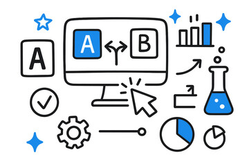 A_B Testing Doodles. // A/B testing. Hand-drawn doodle illustration A/B testing [A card (accented), B card (accented), split arrow (accented), monitor, cursor