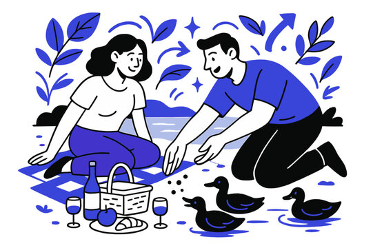 Picnic by the Lake. A couple having a picnic by the lake, relaxing and enjoying the outdoors. Couple feeding ducks near picnic site with abstract floating - Powered by Adobe