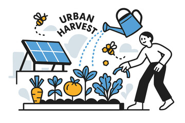 Fototapeta premium Urban Rooftop Harvest. Rooftop Garden + Panels. Vegetables sprout beside elevated PV frames; watering can pours a dotted arc labeled ?Urban Harvest.? Bees buzz