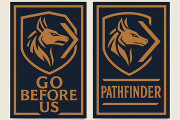 Indigo and Copper Banners. Battle Forerunner. Two vertical A6 banners with safe margins, centered composition, no elements touching edges, bold, indigo and