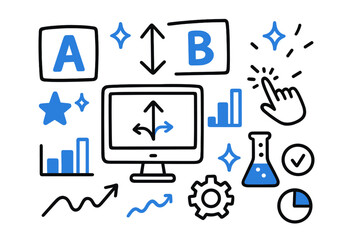 A_B Testing Doodles. // A/B testing. Hand-drawn doodle illustration A/B testing [A card (accented), B card (accented), split arrow (accented), monitor, cursor