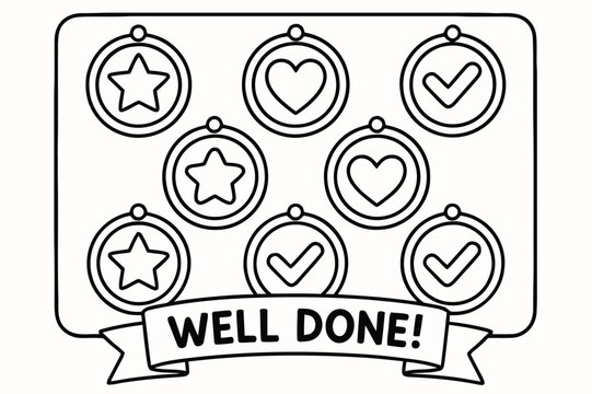 Children's Reward Board. Badges and rewards system children?s coloring book illustration, outlined drawing, a board of round badges with stars, hearts, and