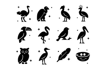 Obraz premium Savanna Bird Icons. Savanna Birds. Solid icons set of Savanna Birds: ostrich, vulture, secretary bird, crowned crane, hornbill, flamingo, weaver bird, stork,