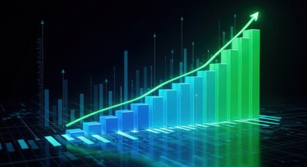 Fototapeta premium A 3D graph shows a rising trend with ascending bars and a glowing green arrow