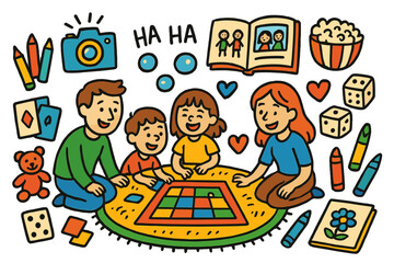 Family Game Night. Documenting family game nights and indoor activities with children. Colorful Hand-drawn doodle Children illustration Documenting family game