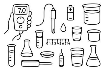 pH Meter Doodle. pH meter. Hand-drawn doodle illustration pH meter digital display, probe, test tube, beaker, droplet, battery icon, calibration knob, number
