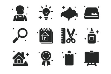 Naklejka premium LEGO Creativity Icons. LEGO Creativity Workshop. Solid icons set of LEGO Creativity Workshop: instructor figure, lightbulb icon, build table, tray of bricks,