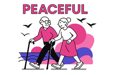 Obraz premium Peaceful Seaside Stroll. Old age ? Sunset seaside walk. Canes and sneakers step in rhythm; gulls reduce to triangle kites over rolling lines. The