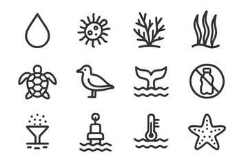 Fototapeta premium Ocean Health Icons. Ocean Health. Line icon set of Ocean Health: clean water droplet, plankton icon, coral branch, seagrass bed, sea turtle, seabird, whale