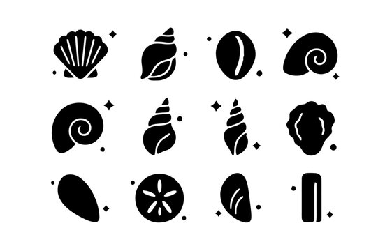 Seashell Icon Grid. Seashells. Solid icons set of Seashells: scallop shell, conch shell, cowrie shell, clam shell, nautilus shell, whelk shell, auger shell,