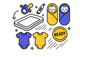 Fototapeta premium Newborn Essentials Grid. Newborn essentials. A changing mat, swaddles, and tiny onesies click into a tidy grid; ?Ready? stamp pops. A pacifier and thermometer