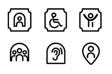 Inclusive Event Icons. Audience Accessibility. Set Logo of Inclusive Event Icon: Minimal outline, Negative space, Flat solid, Symmetrical form, Stylized