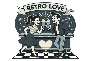 Obraz premium Retro Milkshake Romance. Retro couple. A stylish pair clink milkshakes under neon glow; ?Retro love? loops on a ribbon above a chrome counter. Their shadows