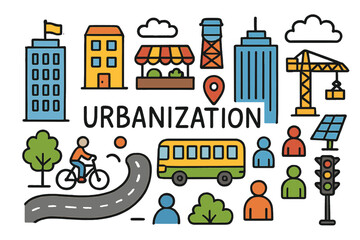Fototapeta premium Colorful Urban Doodle. Urbanization. Colorful Hand-drawn doodle Children illustration Urbanization skyline, apartment block, bus, bicycle, street market, water