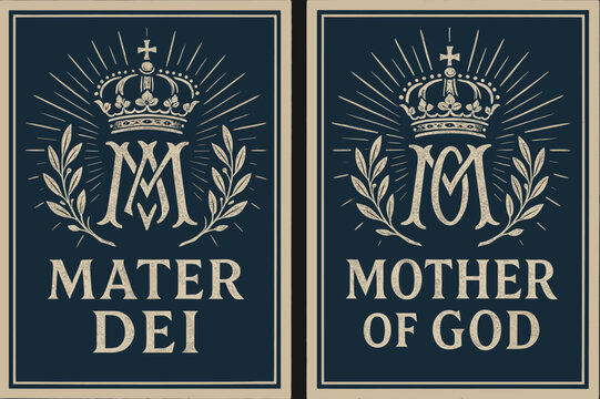 Mater Dei Banners. Mater Dei. Two vertical A6 banners with safe margins, centered composition, no elements touching edges, retro, deep blue and silver, vintage