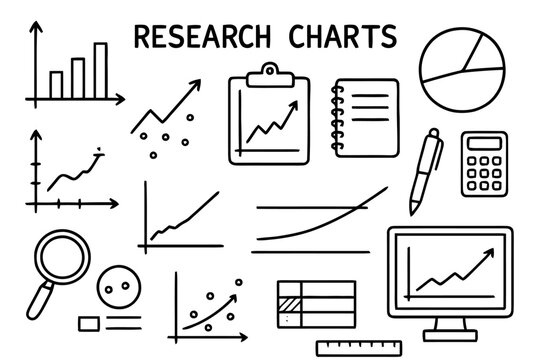 Research Charts Doodles. Research Charts. Hand-drawn doodle illustration Research Charts bar chart, line graph, pie chart, scatter plot, axes, clipboard,