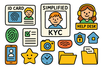 KYC Doodle Icons. Simplified KYC. Colorful Hand-drawn doodle Children illustration Simplified KYC ID card, selfie frame, fingerprint, checklist tick, camera