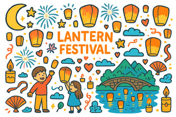 Obraz premium Colorful Lantern Festival. Lantern festival. Colorful Hand-drawn doodle Children illustration Lantern festival glowing lanterns, moon, stars, fireworks, people
