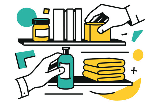 Organized Geometric Restock. Restocking Supplies. Close-up of hands placing items neatly on shelves with floating abstract geometric shapes, precise and