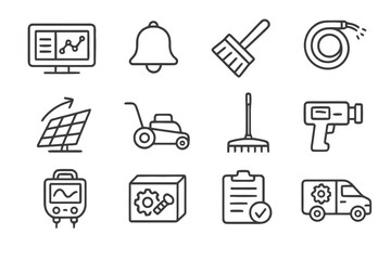 Operations Icon Set. Operations and maintenance. Line icon set of operations and maintenance: monitoring dashboard, alert bell, cleaning brush, water hose,
