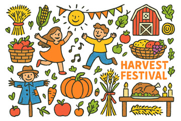 Colorful Harvest Celebration. Harvest festival. Colorful Hand-drawn doodle Children illustration Harvest festival wheat sheaves, corn, pumpkin, baskets, hay