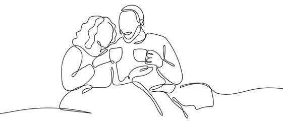 Couple drinking morning coffee on sofa. One continuous line hand drawn doodle. One line design modern illustration Editable stroke.