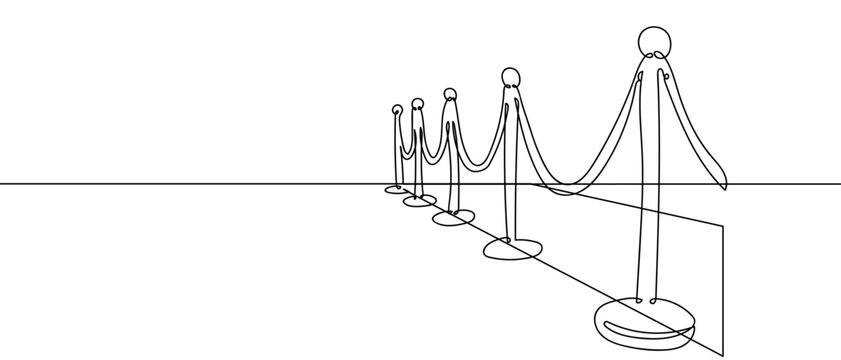 Red carpet fence, one continuous line, hand drawn doodle.  One line design modern illustration Editable stroke.