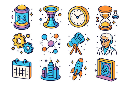 Temporal Mechanics Icons. Temporal mechanics. Colorful isometric vector icons set of temporal mechanics: time machine, wormhole, clock, hourglass, gears,