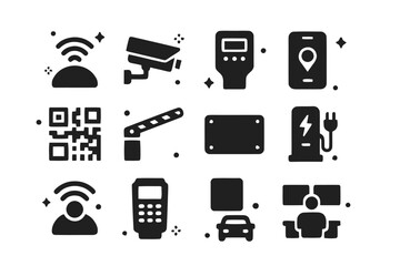 Smart Parking Solutions Icons. Smart parking solutions. Solid icons set of Smart parking solutions: parking sensor, CCTV camera, smart meter, mobile app, QR