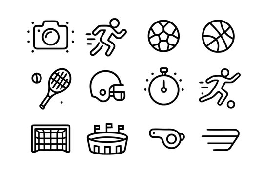 Sport Icons Set. Performance capture. Line icon set of performance capture: camera, athlete running, soccer ball, basketball, tennis racket, football helmet,