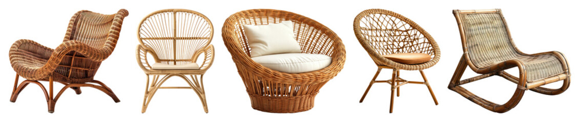 Obraz premium PNG Elegant rattan chairs collection, element set on transparent background