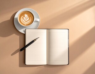 Notebook and coffee , cozy warm lighting, neutral color palette, copy space for text overlay