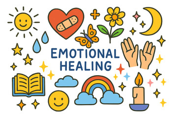 Fototapeta premium Emotional Healing Icons. Emotional healing. Colorful Hand-drawn doodle Children illustration Emotional healing heart, bandage, flower, tears, sunshine, book,