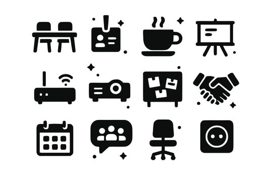 Coworking Icons Collection. Coworking and Meetups. Solid icons set of Coworking and Meetups: shared desk, name tag, coffee cup, whiteboard, wifi router,