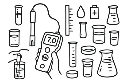 pH Meter Doodle. pH meter. Hand-drawn doodle illustration pH meter digital display, probe, test tube, beaker, droplet, battery icon, calibration knob, number