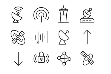 Fototapeta premium Space Communication Icons. Space communication. Line icon set of space communication: radio antenna, signal wave, control tower, ground station,