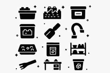 Obraz premium LEGO Storage Icons. LEGO Storage and Organization. Solid icons set of LEGO Storage and Organization: storage bin, color sorter, labeled box, small drawer,