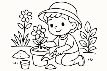 Kid Planting Flower. Gardening children?s coloring book illustration, outlined drawing, a kid planting a flower in a pot, educational design for kids, clear