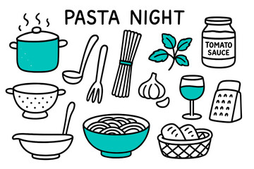 Obraz premium Pasta Night Doodles. // Pasta night. Hand-drawn doodle illustration Pasta night [boiling pot (accented), colander, spaghetti (accented), tomato sauce jar,