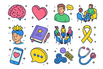 Emotional Health Icons. Emotional health. Colorful isometric vector icons set of emotional health: brain, heart, therapist, counseling session, mindfulness,