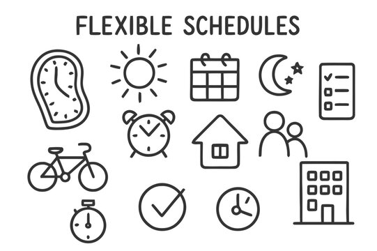 Flexible Schedule Doodles. Flexible schedules. Hand-drawn doodle illustration flexible schedules flexible clock, calendar blocks, sun, moon, alarm off icon,