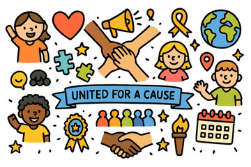 Obraz premium Children Unite for Cause. United for a cause. Colorful Hand-drawn doodle Children illustration United for a cause joined hands, heart, banner, megaphone,