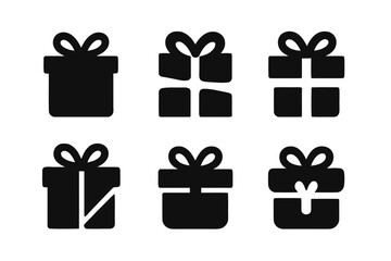 Geometric Gift Box Logos. Occasion. Set Logo of Gift Box: Filled silhouette, Abstract geometric, Negative space, Flat solid, Stylized detail, Iconic shape.