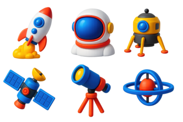 Vibrant Space Icons. 3D icon set of space exploration: rocket launch, astronaut helmet, lunar lander, satellite, telescope,