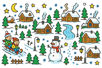 Naklejka premium Snowy Village Doodle. Snowy village. Colorful Hand-drawn doodle Children illustration Snowy village wooden cabins, rooftops with snow, street lanterns, smoke