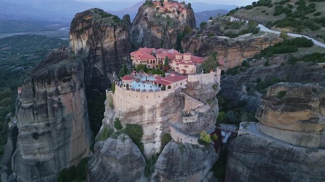 Sunrise Aerial View of Varlaam and Great Meteoron Monasteries in Meteora, Greece