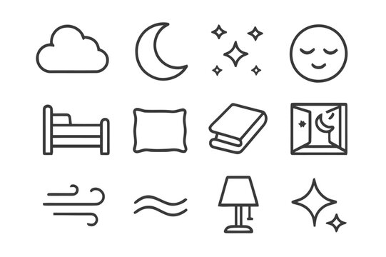 Dreamy Night Icons. Dreamy Nights. Line icon set of Dreamy Nights: cloud, crescent moon, stars, sleeping face, bed, pillow, blanket, open window, breeze lines,