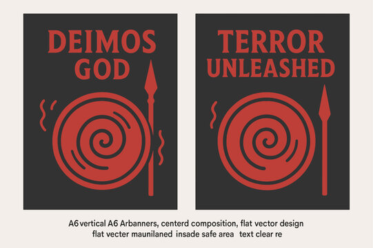 Deimos and Terror Banners. War?s Panic. Two vertical A6 banners with safe margins, centered composition, no elements touching edges, flat vector design,