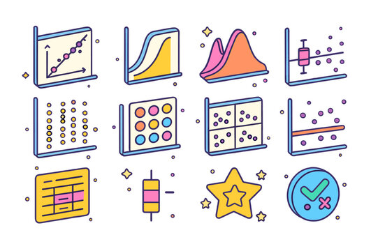 Colorful Statistical Plots. Statistical plots. Colorful isometric vector icons set of Statistical plots: QQ plot, cumulative distribution curve, density plot,